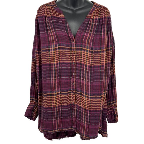 Free People Wine Plaid Button-Down Shirt Fray Long Sleeve Large L NWT New - Picture 1 of 9